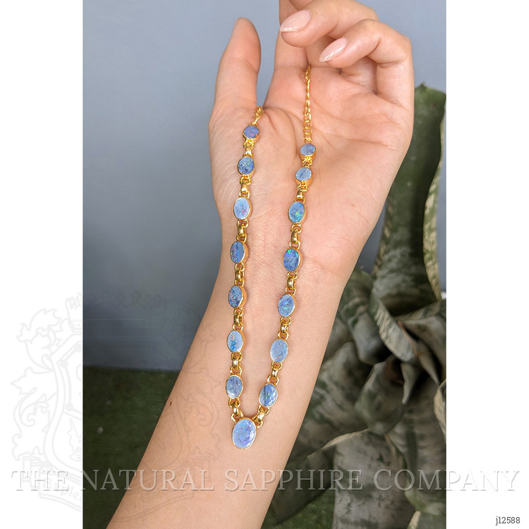 0.92 Ct. Multi Color Opal and MultiColored Opal Bezel Necklace, 18K Gold Plated Silver