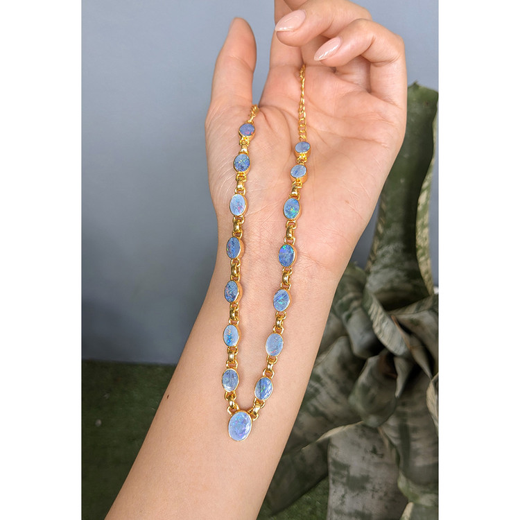 0.92 Ct. Multi Color Opal and MultiColored Opal Bezel Necklace, 18K Gold Plated Silver