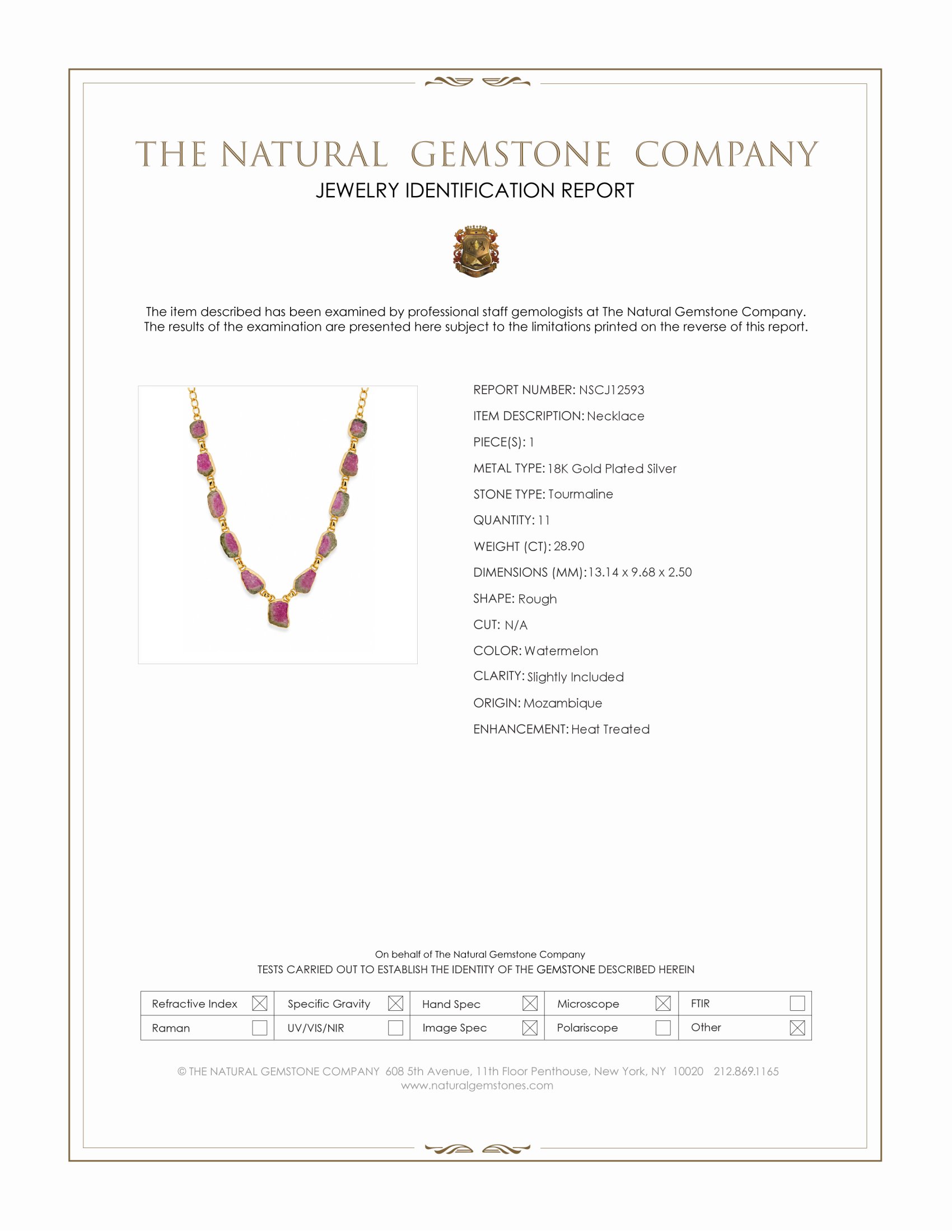 28.90 Ct. Watermelon Tourmaline Bezel Necklace, 18K Gold Plated Silver