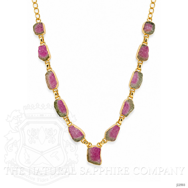 28.90 Ct. Watermelon Tourmaline Bezel Necklace, 18K Gold Plated Silver