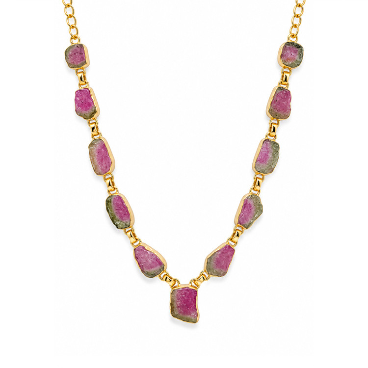 28.90 Ct. Watermelon Tourmaline Bezel Necklace, 18K Gold Plated Silver