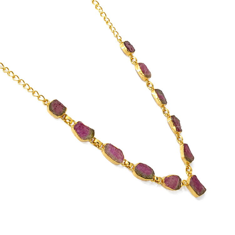 28.90 Ct. Watermelon Tourmaline Bezel Necklace, 18K Gold Plated Silver