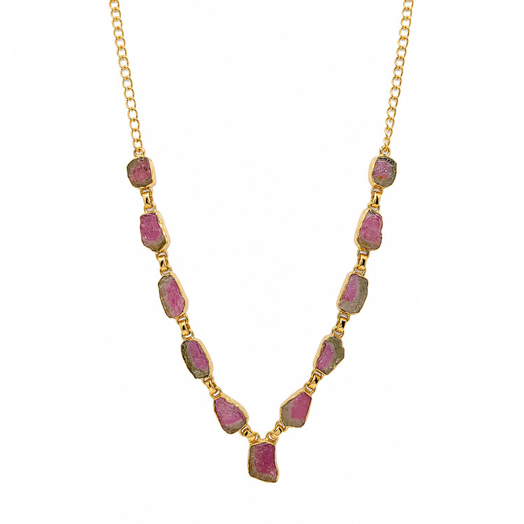 28.90 Ct. Watermelon Tourmaline Bezel Necklace, 18K Gold Plated Silver