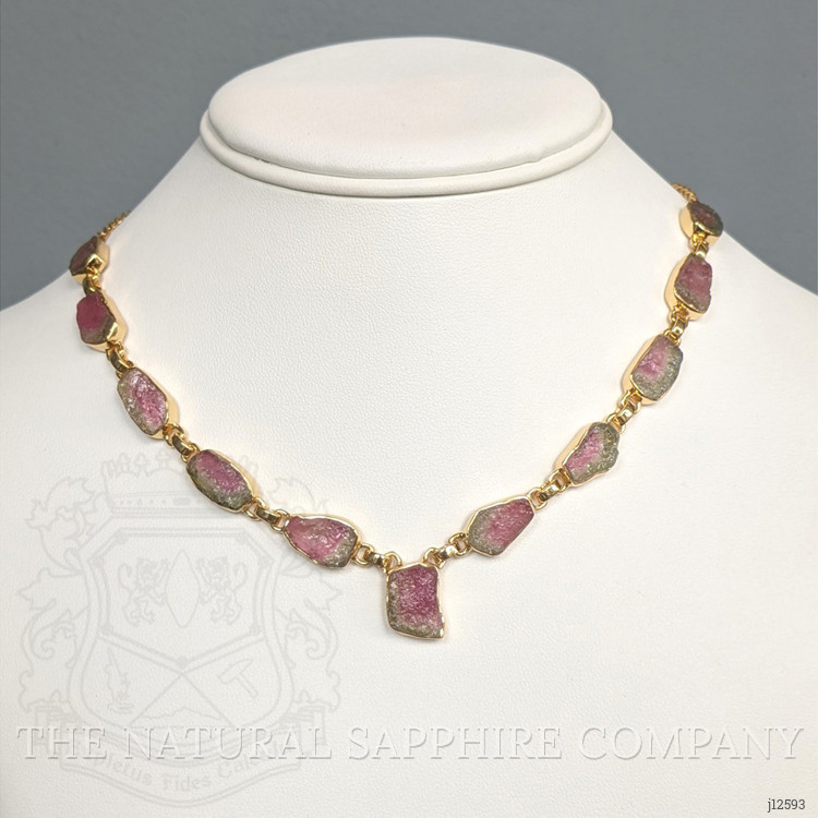 28.90 Ct. Watermelon Tourmaline Bezel Necklace, 18K Gold Plated Silver