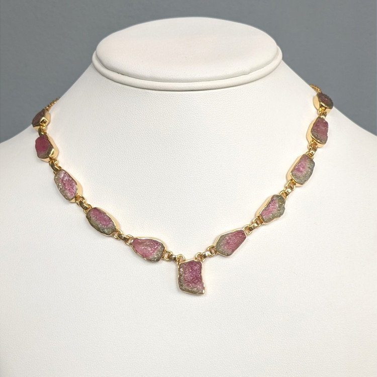 28.90 Ct. Watermelon Tourmaline Bezel Necklace, 18K Gold Plated Silver