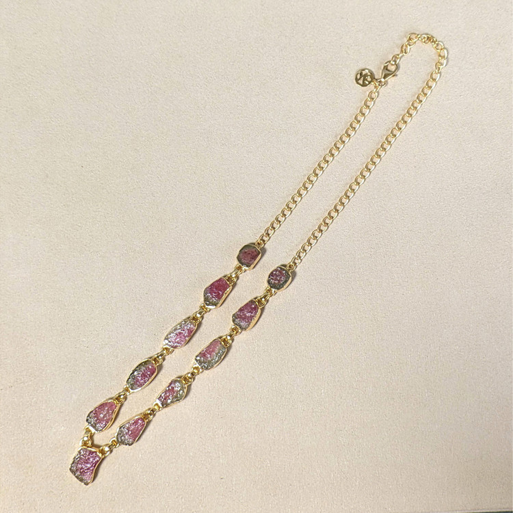 28.90 Ct. Watermelon Tourmaline Bezel Necklace, 18K Gold Plated Silver