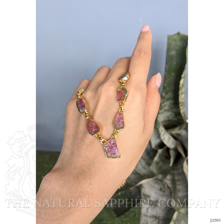 28.90 Ct. Watermelon Tourmaline Bezel Necklace, 18K Gold Plated Silver