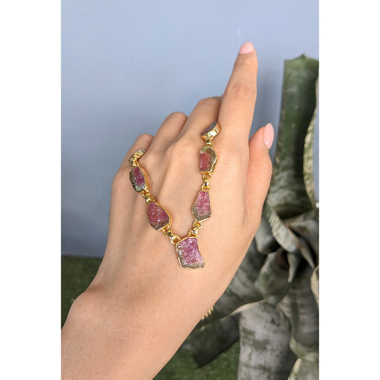 28.90 Ct. Watermelon Tourmaline Bezel Necklace, 18K Gold Plated Silver