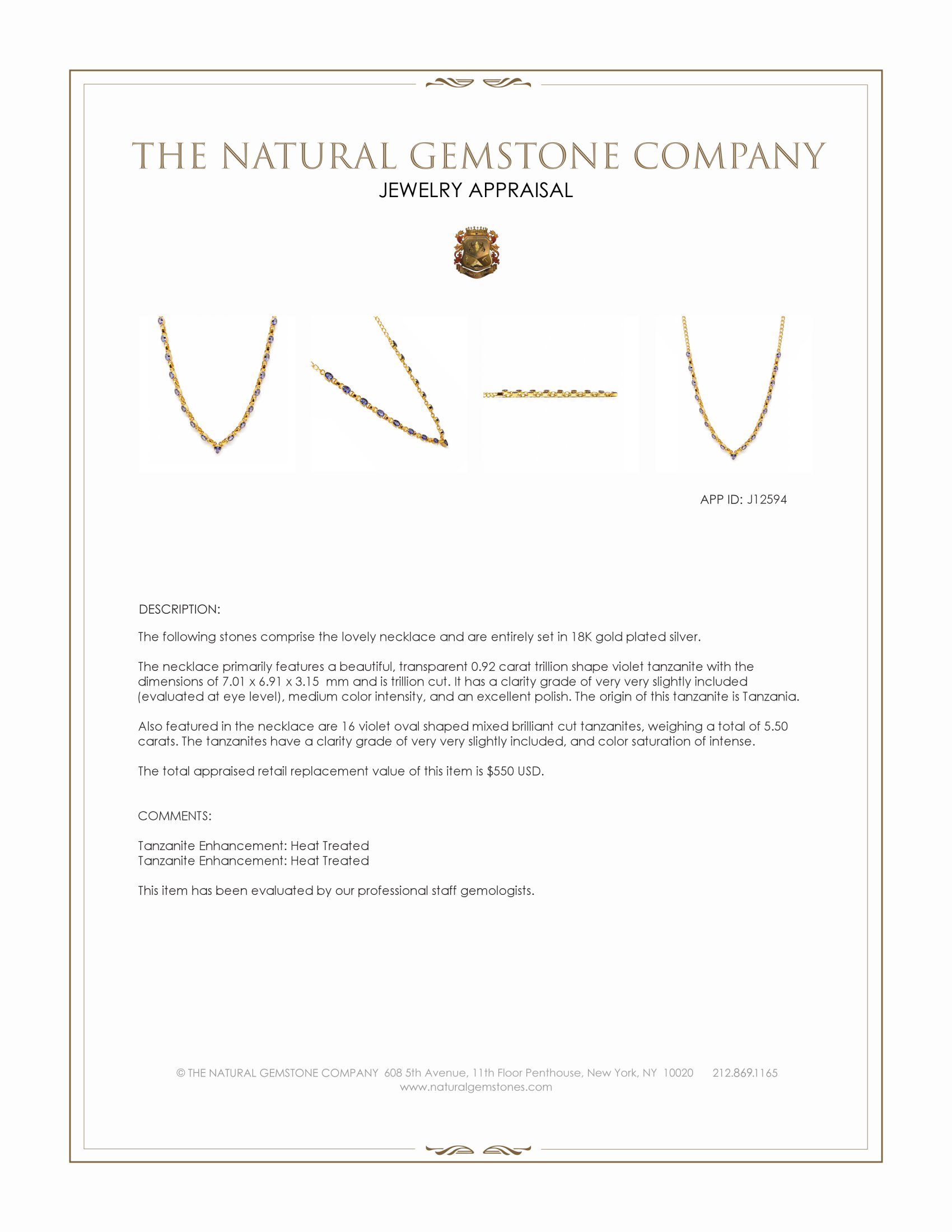 0.92 Ct. Violet Tanzanite Bezel Necklace, 18K Gold Plated Silver
