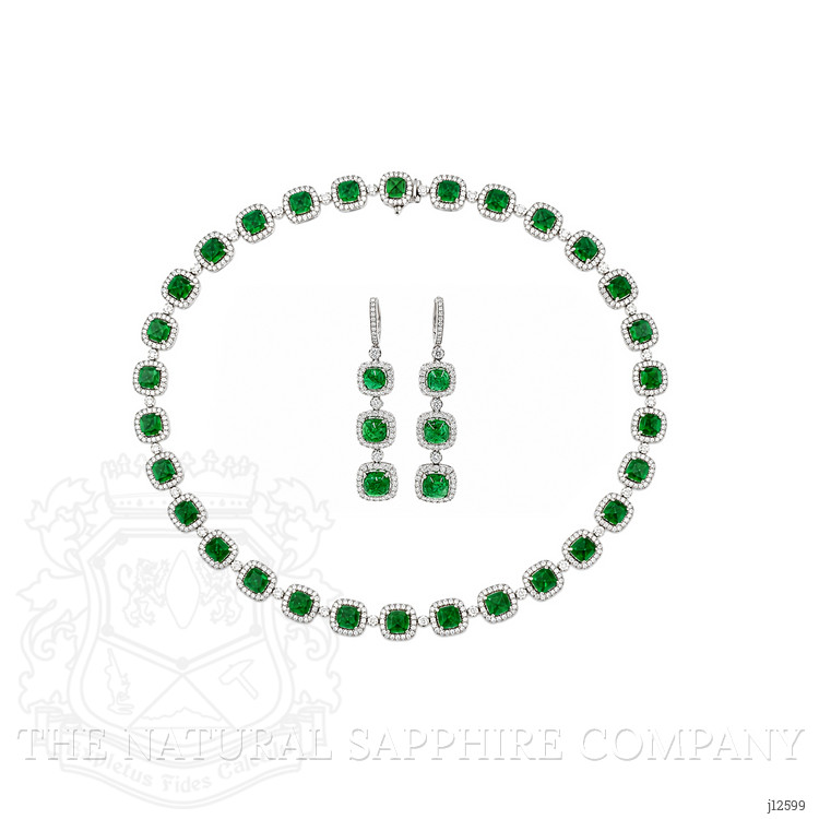 34.74 Ct. Emerald and Natural Diamond Halo Necklace, 18K White Gold