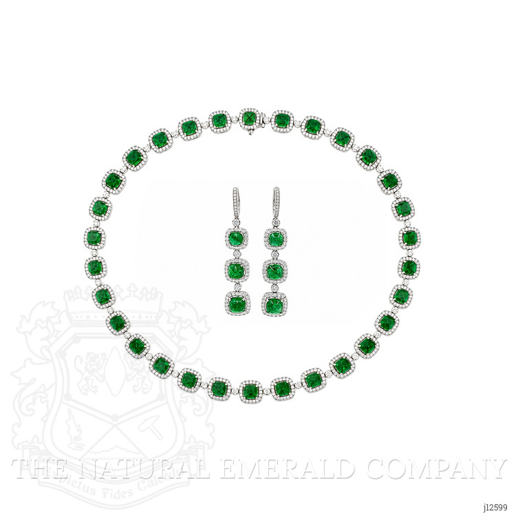 34.74 Ct. Emerald and Natural Diamond Halo Necklace, 18K White Gold