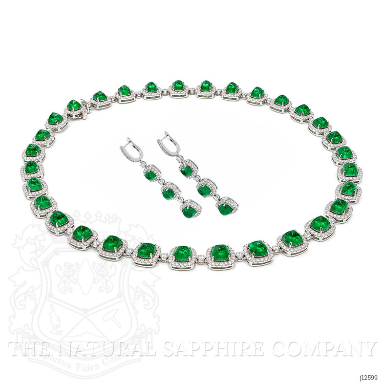 34.74 Ct. Emerald and Natural Diamond Halo Necklace, 18K White Gold