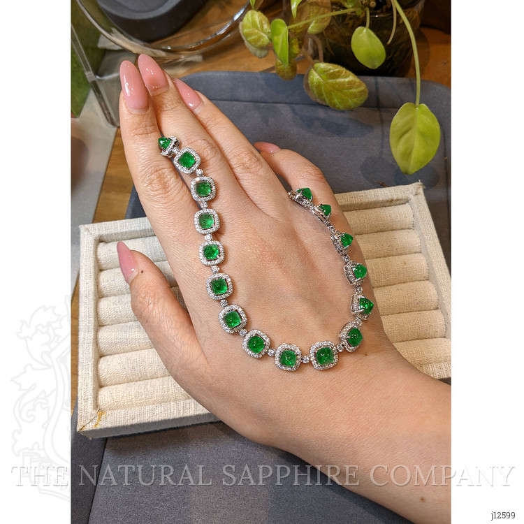 34.74 Ct. Emerald and Natural Diamond Halo Necklace, 18K White Gold