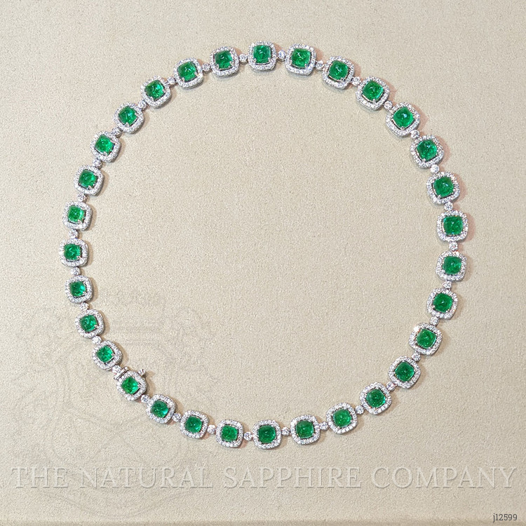 34.74 Ct. Emerald and Natural Diamond Halo Necklace, 18K White Gold
