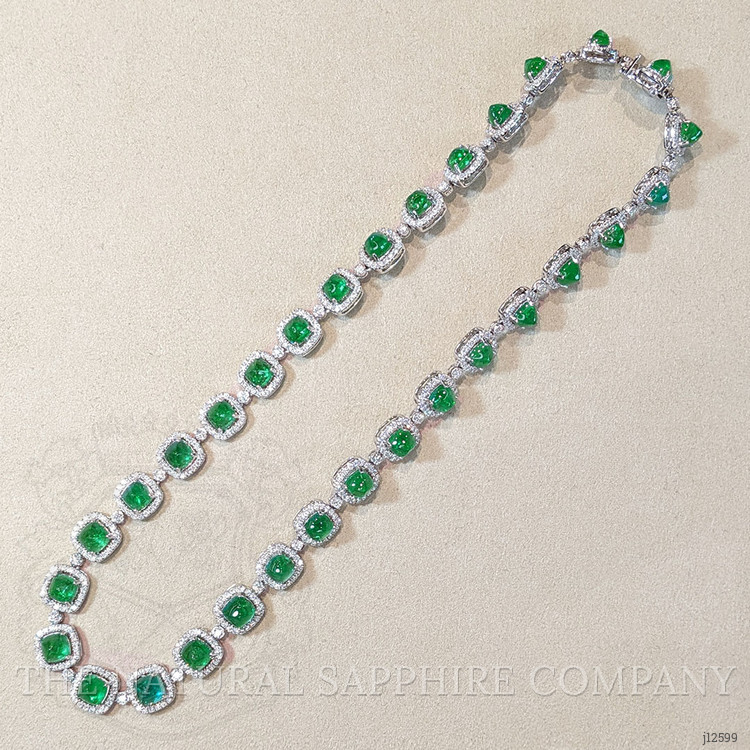 34.74 Ct. Emerald and Natural Diamond Halo Necklace, 18K White Gold