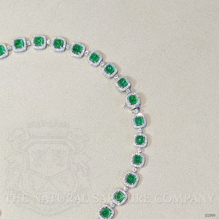 34.74 Ct. Emerald and Natural Diamond Halo Necklace, 18K White Gold