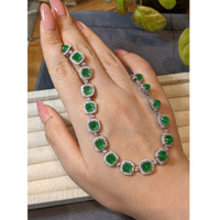 34.74 Ct. Emerald and Natural Diamond Halo Necklace, 18K White Gold Life Style