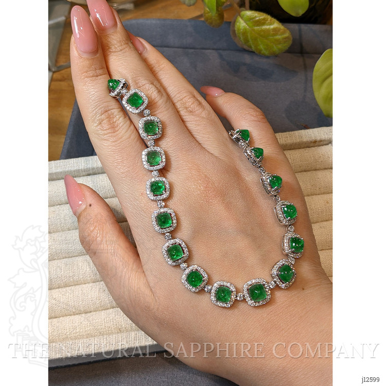 34.74 Ct. Emerald and Natural Diamond Halo Necklace, 18K White Gold