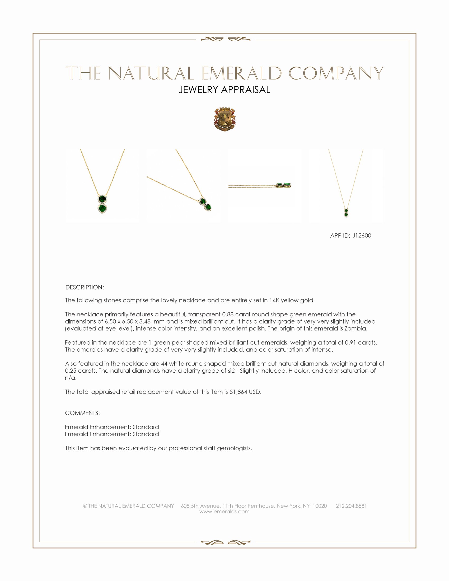 0.88 Ct. Emerald and Natural Diamond Pave Necklace, 14K Yellow Gold