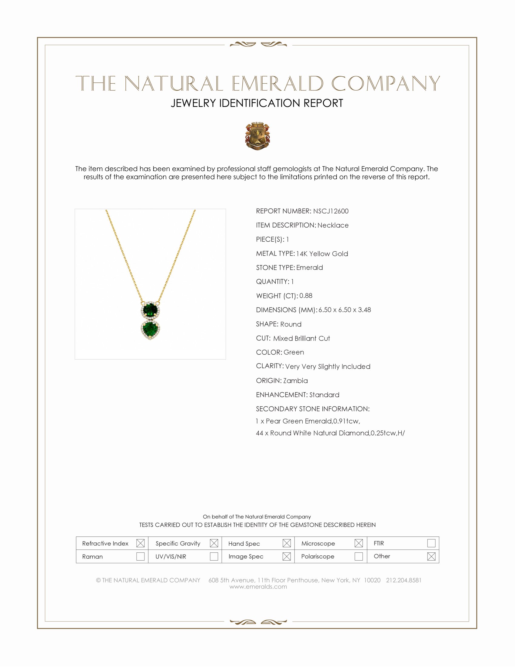 0.88 Ct. Emerald and Natural Diamond Pave Necklace, 14K Yellow Gold