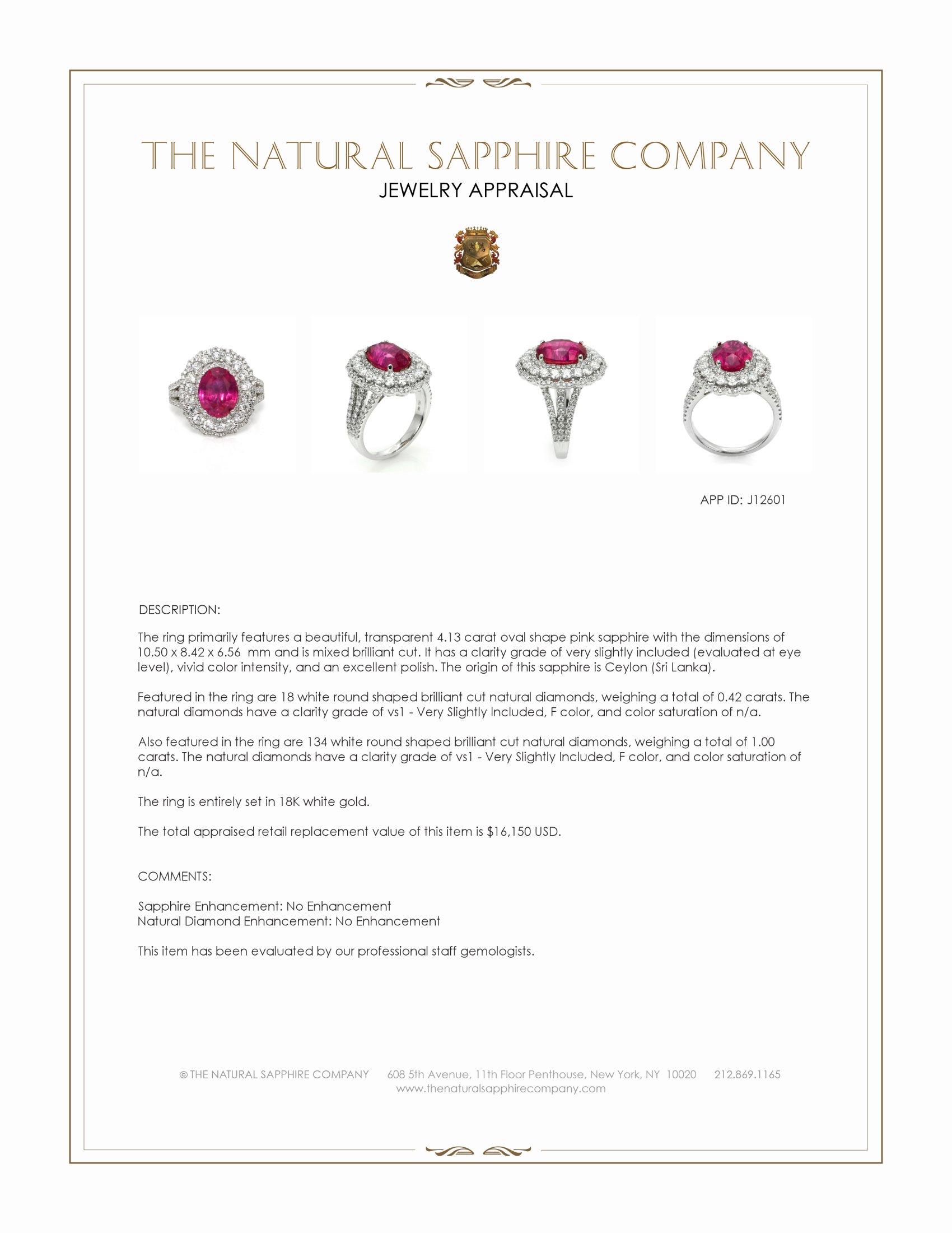 4.13 Ct. Pink Sapphire and Natural Diamond Pave Ring, 18K White Gold
