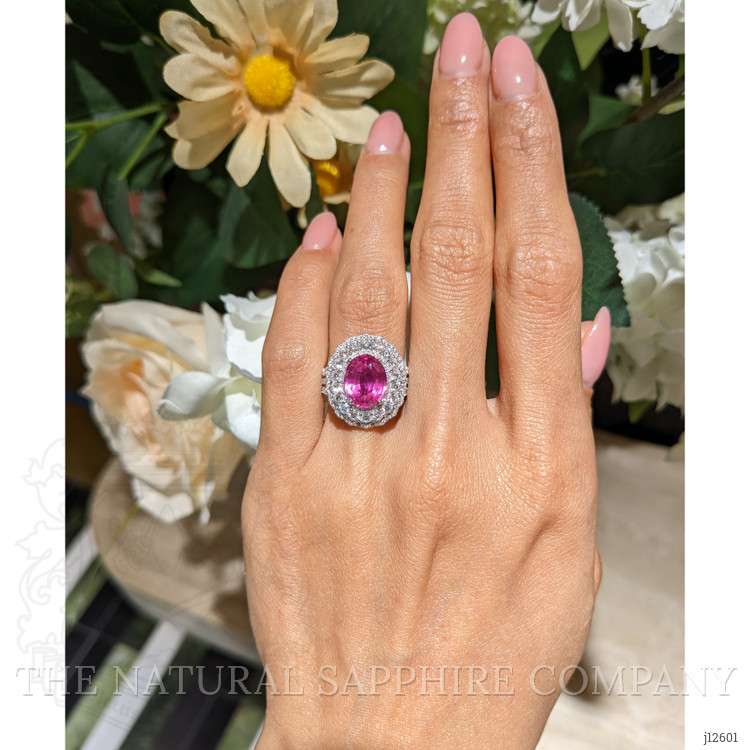 4.13 Ct. Pink Sapphire and Natural Diamond Pave Ring, 18K White Gold