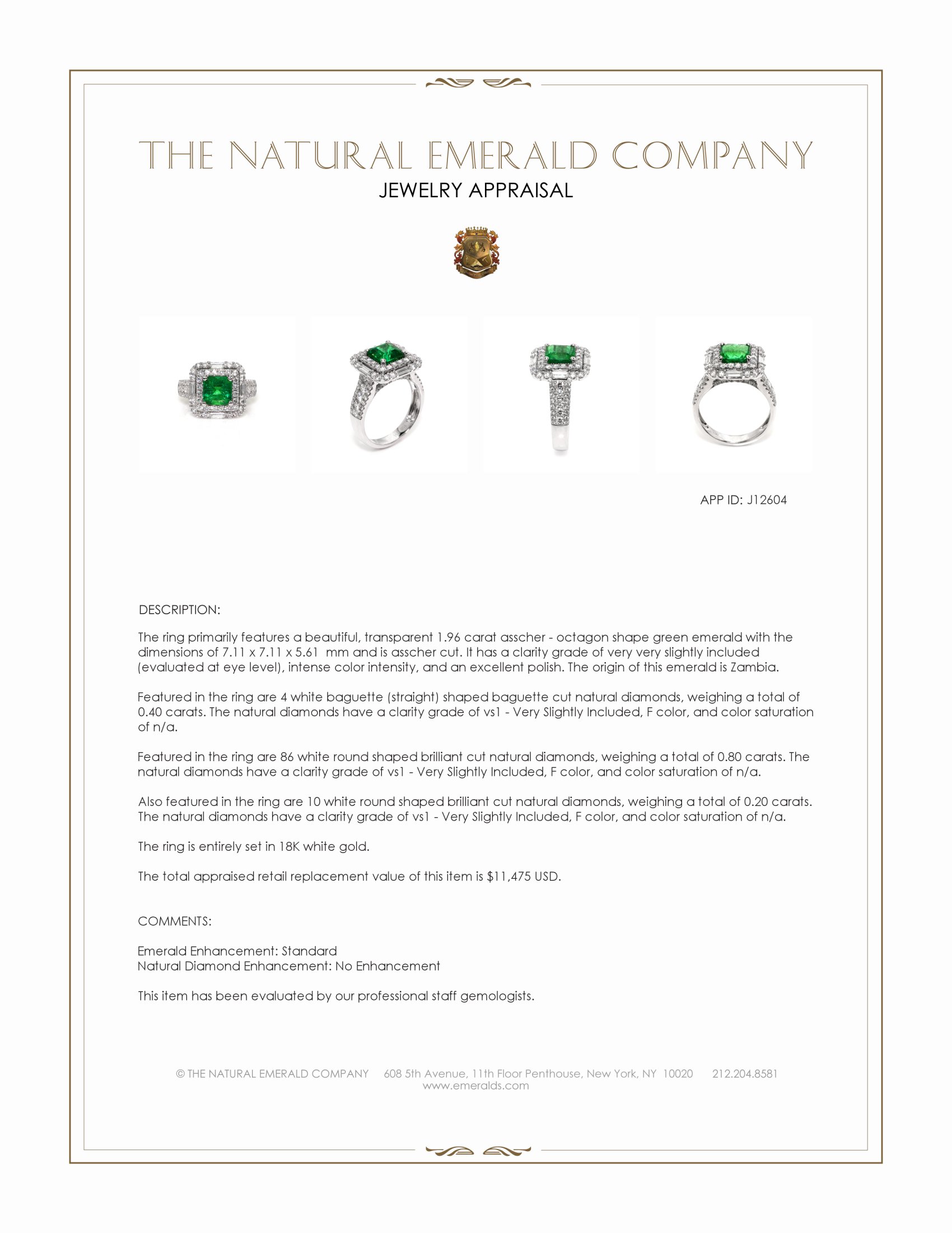 1.96 Ct. Emerald and Natural Diamond Pave Ring, 18K White Gold