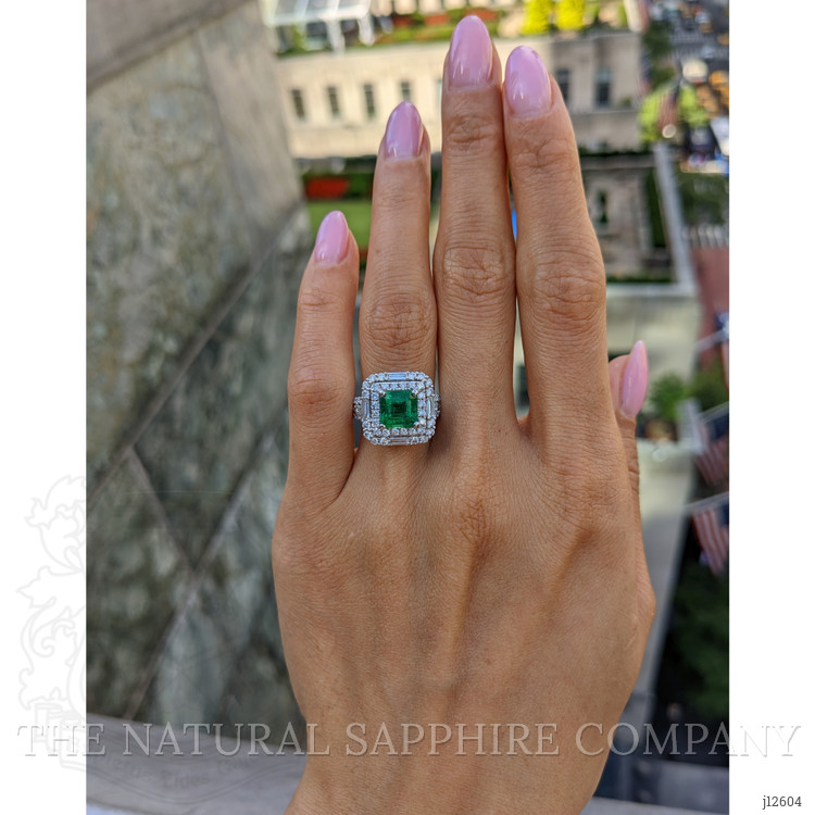 1.96 Ct. Emerald and Natural Diamond Pave Ring, 18K White Gold