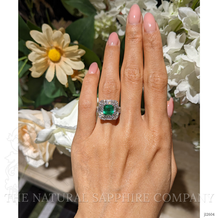 1.96 Ct. Emerald and Natural Diamond Pave Ring, 18K White Gold