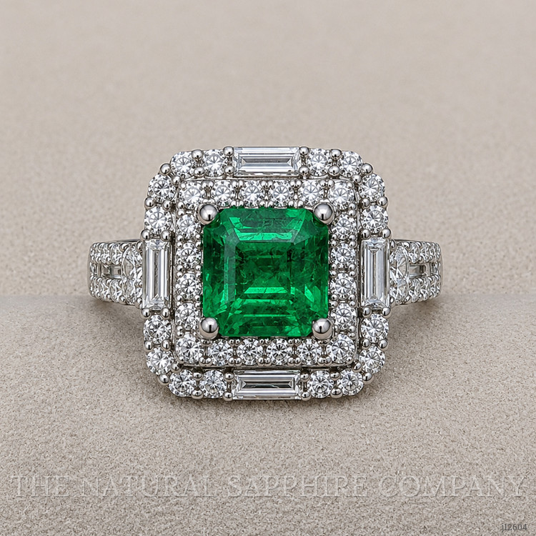 1.96 Ct. Emerald and Natural Diamond Pave Ring, 18K White Gold