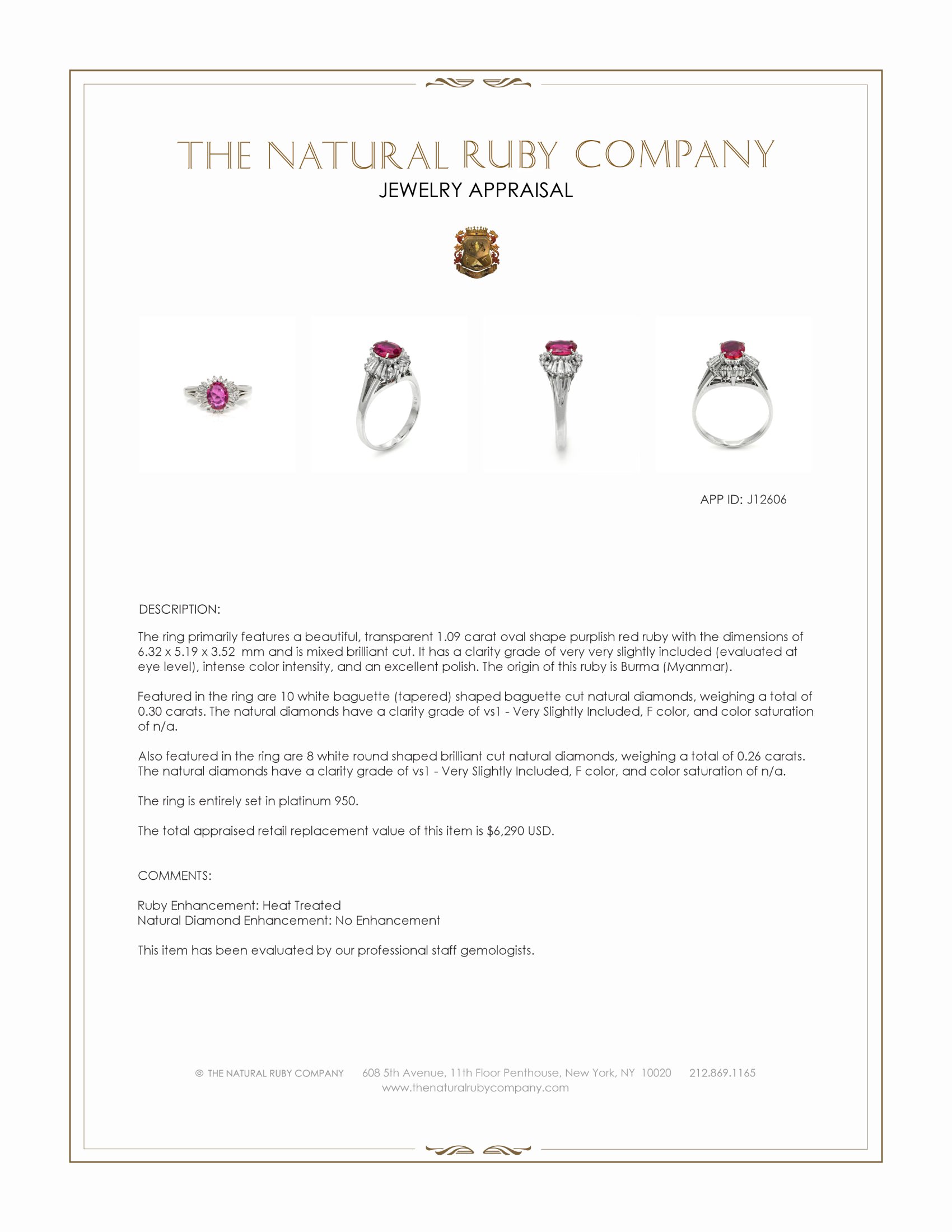 1.09 Ct. Purplish Red Ruby and Natural Diamond Halo Ring, Platinum 950