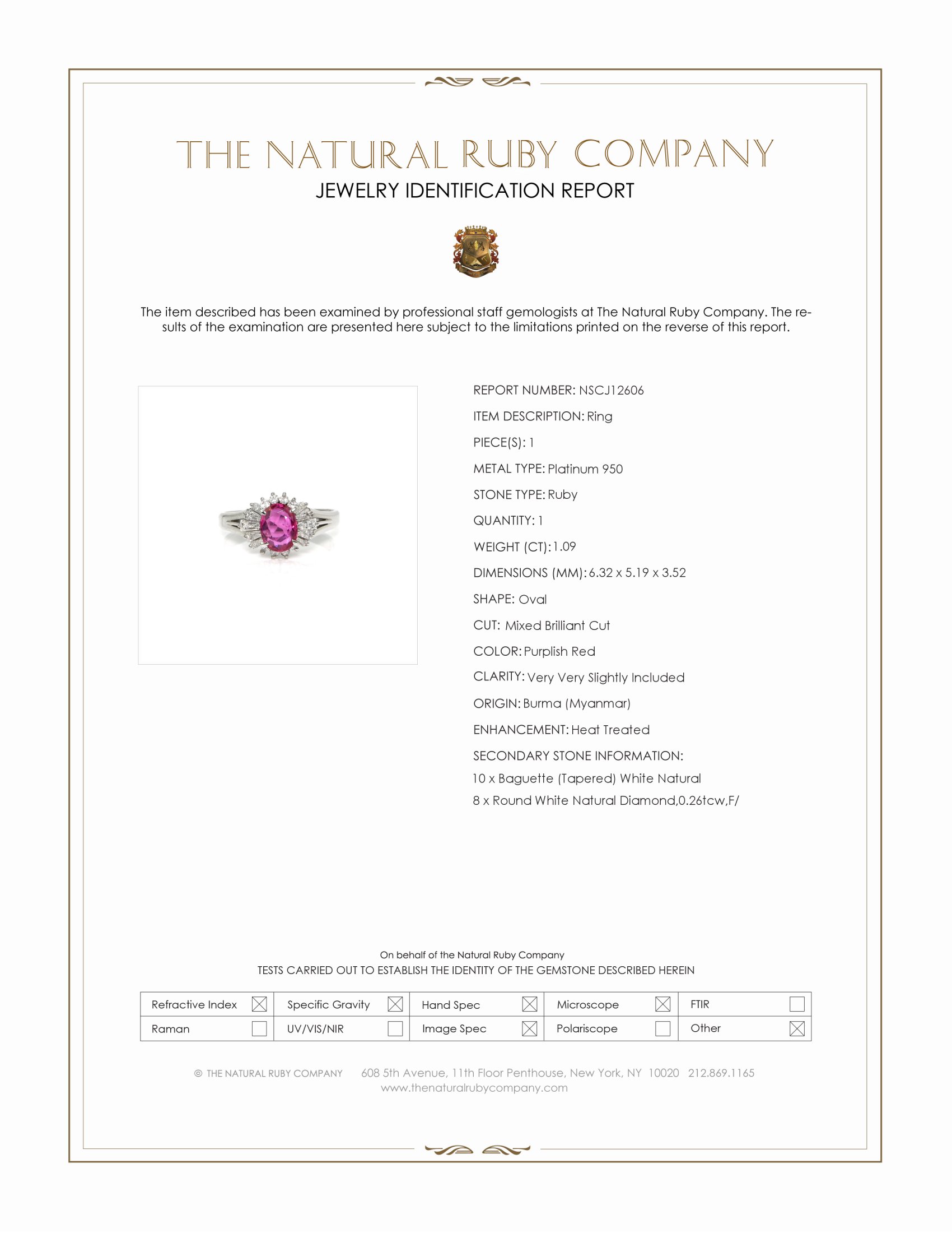 1.09 Ct. Purplish Red Ruby and Natural Diamond Halo Ring, Platinum 950