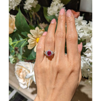 1.09 Ct. Purplish Red Ruby and Natural Diamond Halo Ring, Platinum 950 Life Style
