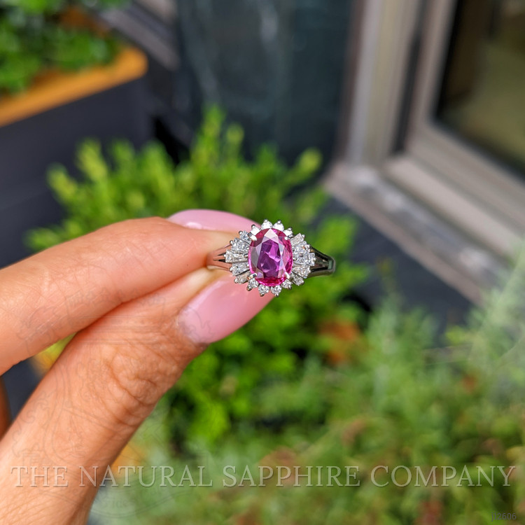 1.09 Ct. Purplish Red Ruby and Natural Diamond Halo Ring, Platinum 950
