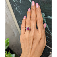 1.09 Ct. Purplish Red Ruby and Natural Diamond Halo Ring, Platinum 950 Life Style