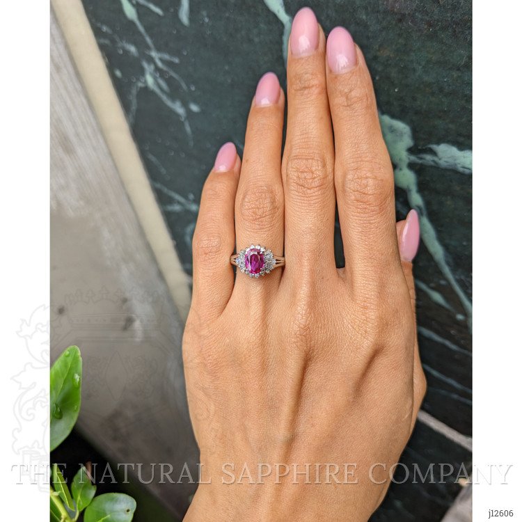 1.09 Ct. Purplish Red Ruby and Natural Diamond Halo Ring, Platinum 950