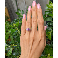 1.09 Ct. Purplish Red Ruby and Natural Diamond Halo Ring, Platinum 950 Life Style