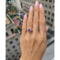 1.09 Ct. Purplish Red Ruby and Natural Diamond Halo Ring, Platinum 950 Life Style