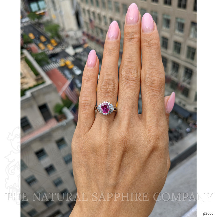 1.09 Ct. Purplish Red Ruby and Natural Diamond Halo Ring, Platinum 950