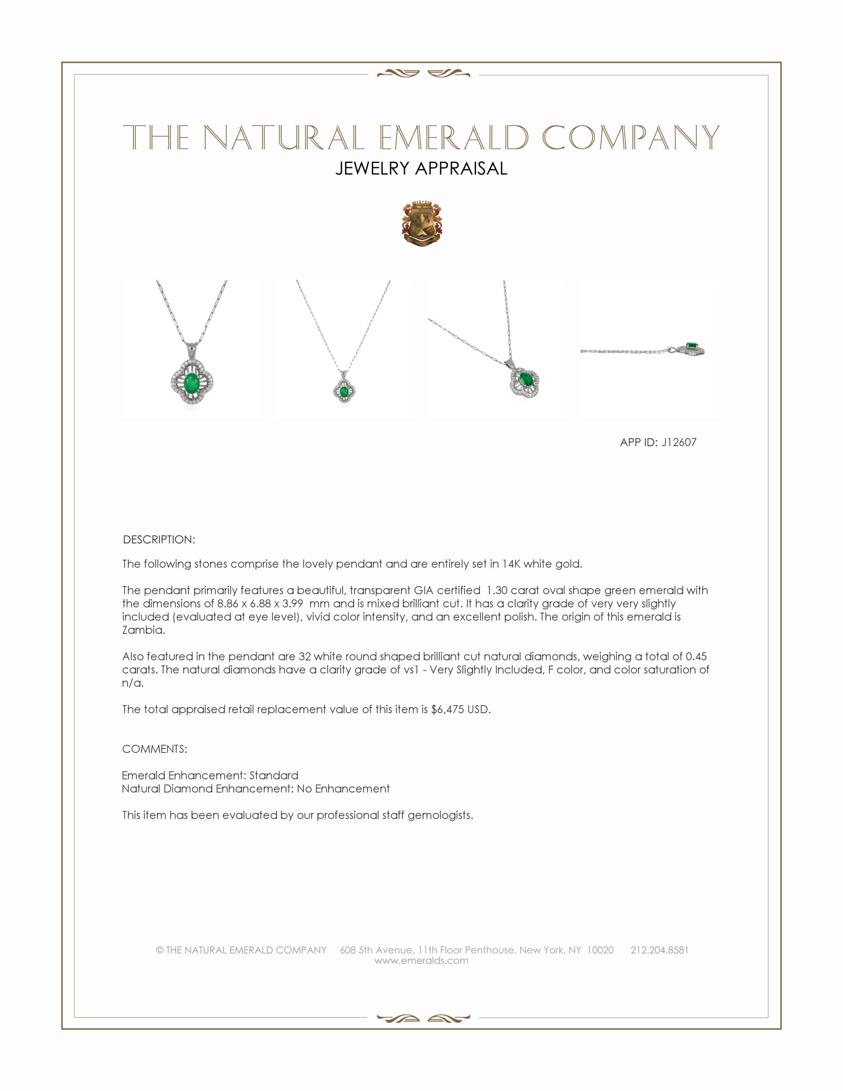 1.30 Ct. Emerald and Natural Diamond Pave Pendant, 14K White Gold