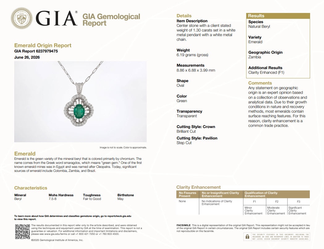 1.30 Ct. Emerald and Natural Diamond Pave Pendant, 14K White Gold