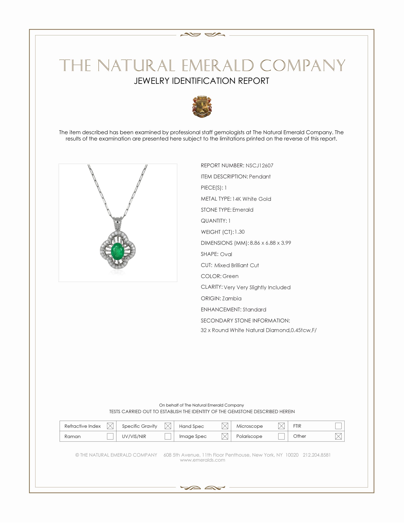 1.30 Ct. Emerald and Natural Diamond Pave Pendant, 14K White Gold