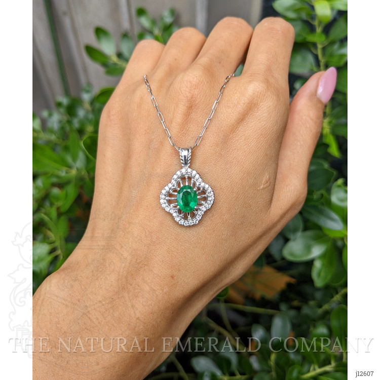 1.30 Ct. Emerald and Natural Diamond Pave Pendant, 14K White Gold