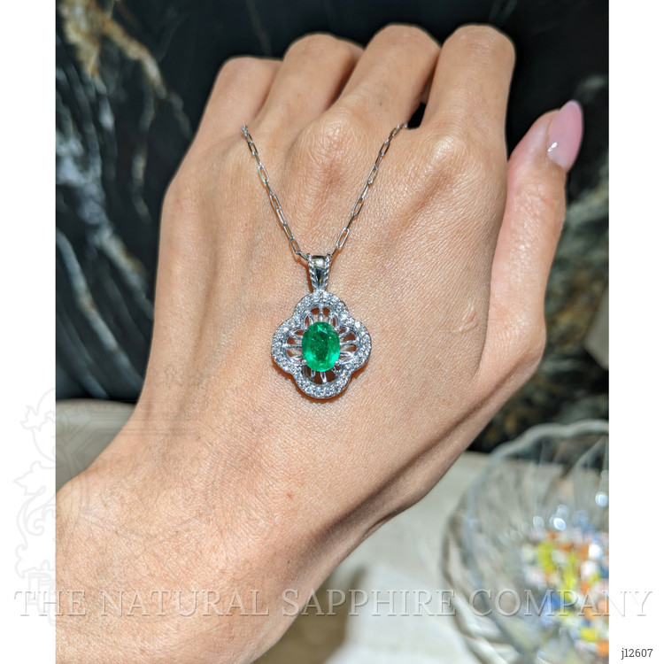 1.30 Ct. Emerald and Natural Diamond Pave Pendant, 14K White Gold