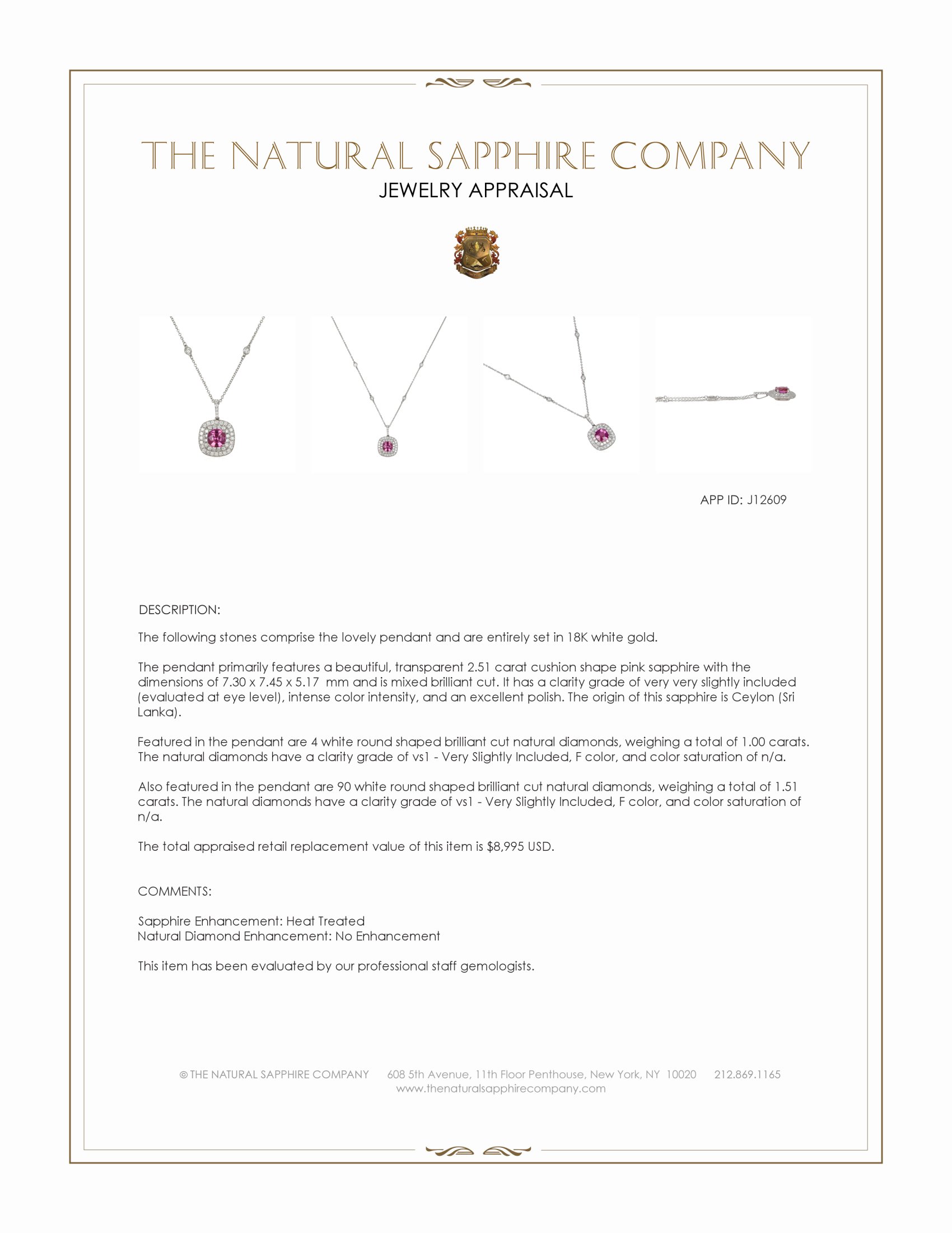 2.51 Ct. Pink Sapphire and Natural Diamond Pave Pendant, 18K White Gold