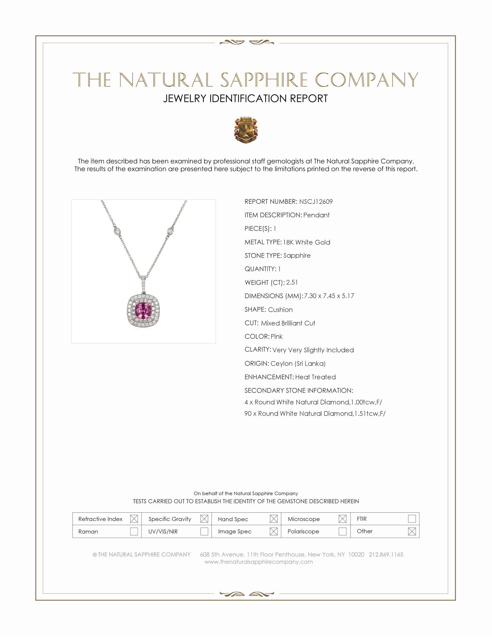 2.51 Ct. Pink Sapphire and Natural Diamond Pave Pendant, 18K White Gold