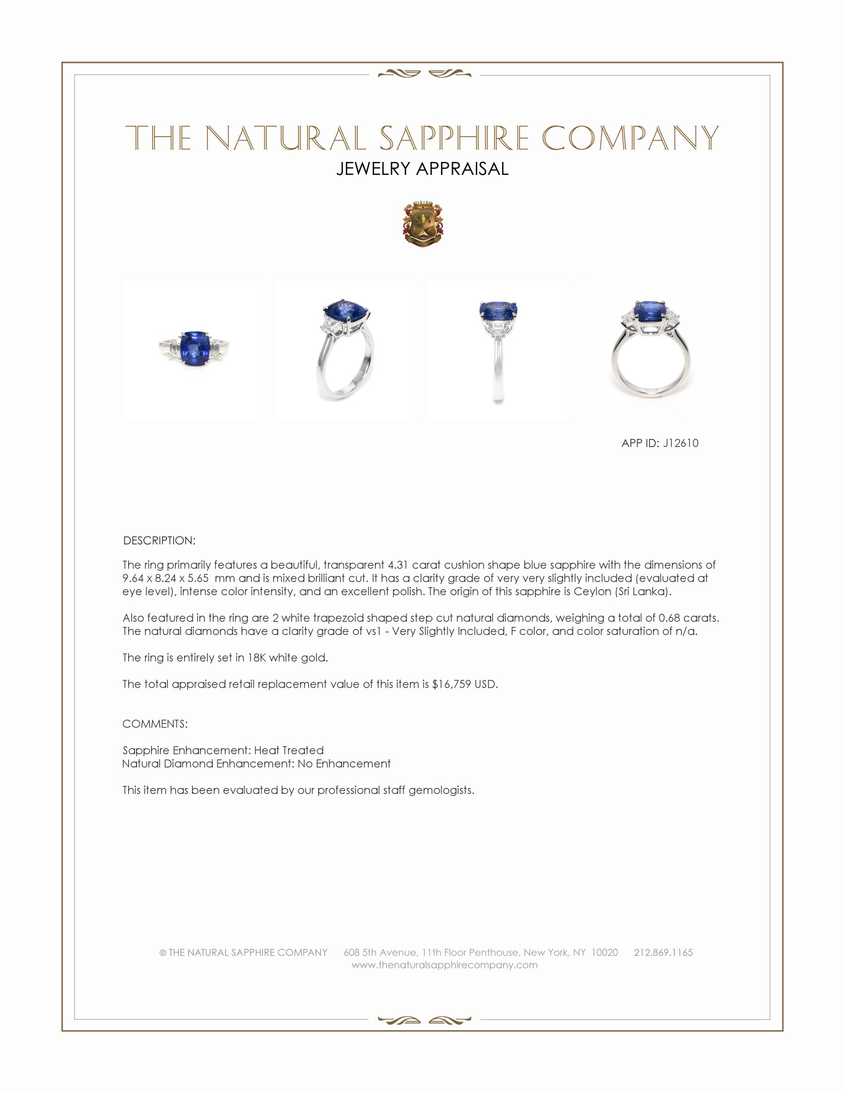 4.31 Ct. Blue Sapphire and Natural Diamond Three Stone Ring, 18K White Gold