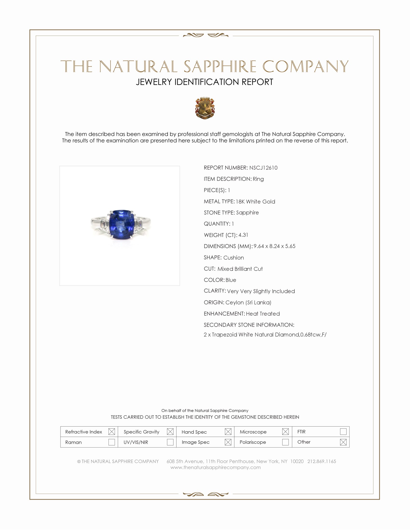 4.31 Ct. Blue Sapphire and Natural Diamond Three Stone Ring, 18K White Gold
