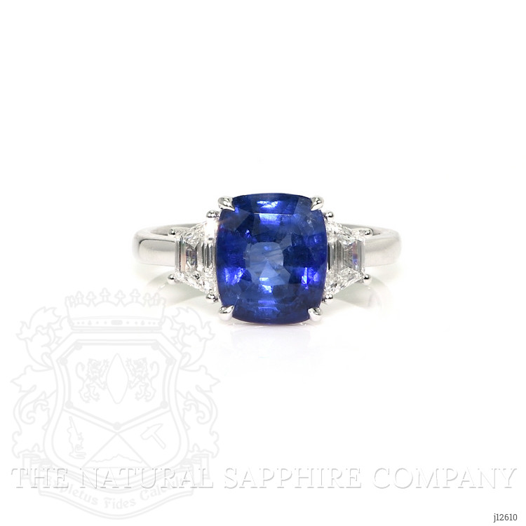 4.31 Ct. Blue Sapphire and Natural Diamond Three Stone Ring, 18K White Gold