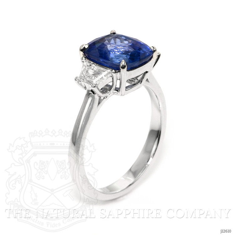 4.31 Ct. Blue Sapphire and Natural Diamond Three Stone Ring, 18K White Gold